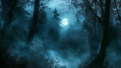 Full moon over misty blue forest with silhouetted trees.