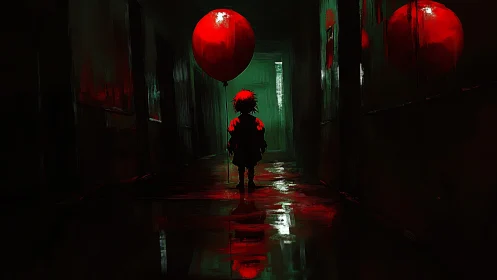 Backlit child with red balloon in high-contrast horror corridor