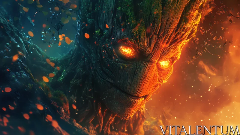 Fiery glowing tree spirit face amid dark enchanted forest.
