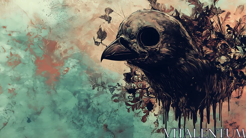 Surreal crow skull portrait with decayed floral splatter.