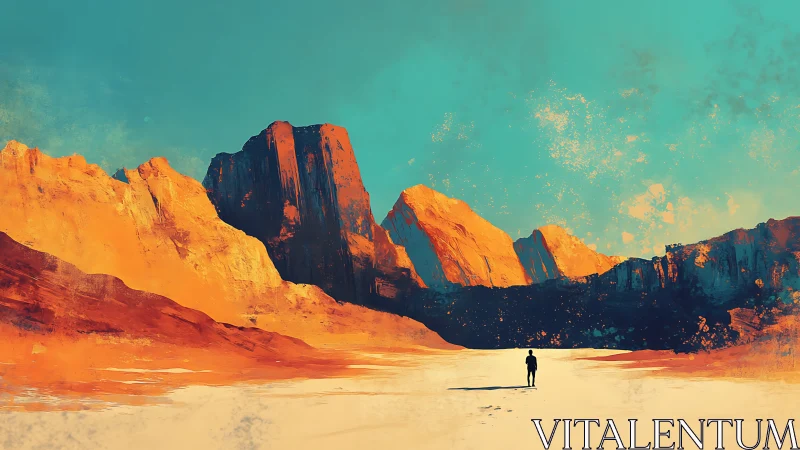 Solitary wanderer below blazing abstract desert cliffs.