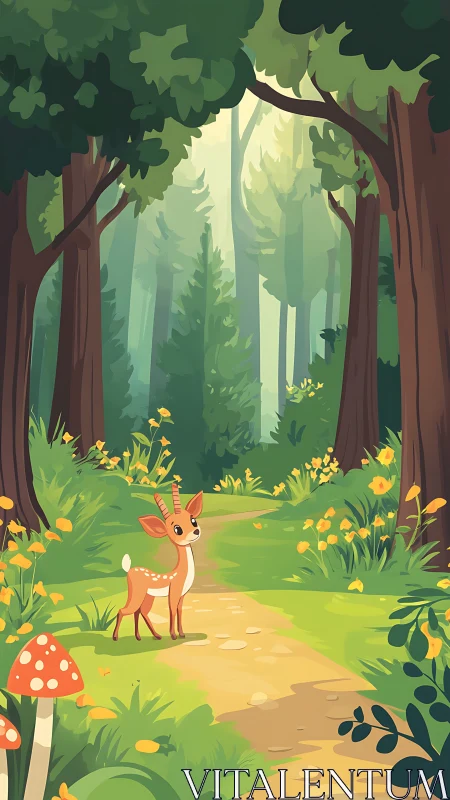 Stylized Forest Scene with Cervid and Luminous Atmospheric Depth.