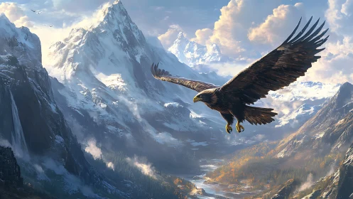 Majestic Eagle Soaring Over Snowy Mountain Valley, Realistic Art.