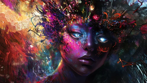 Digital painting portrait with luminous eyes and chromatic chaos.