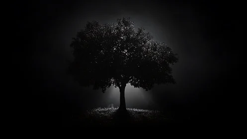 Solitary tree silhouette lit from behind in darkness.