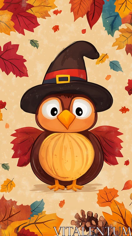 Whimsical owl-witch guards a swirling curtain of autumn leaves.