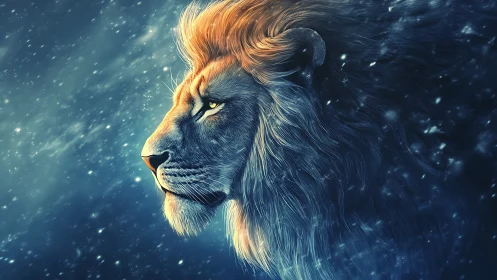 Celestial lion profile in luminous blue and gold aura.