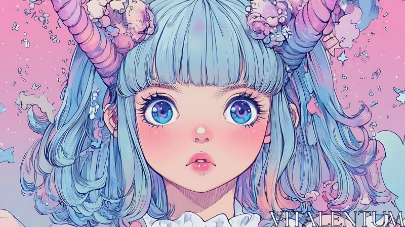 Pastel horned girl portrait in stylized kawaii anime rendering.