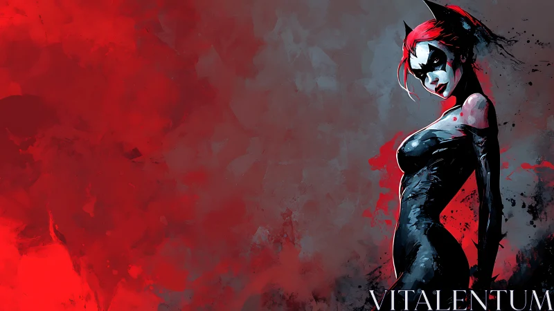 Chromatic femme antihero in red-black atmospheric wash.