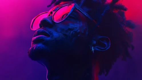 Portrait under neon magenta and blue rim lighting glow