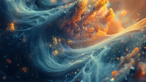 Cosmic nebula waves with glowing dust and swirling light.