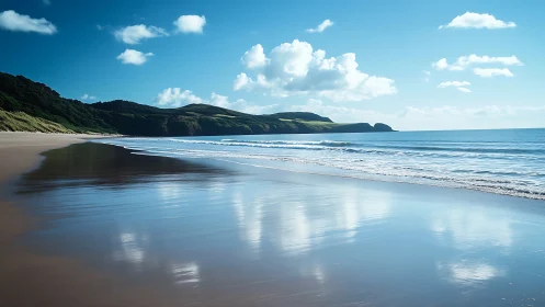 Coastal shoreline with reflective wet sand under blue sky.