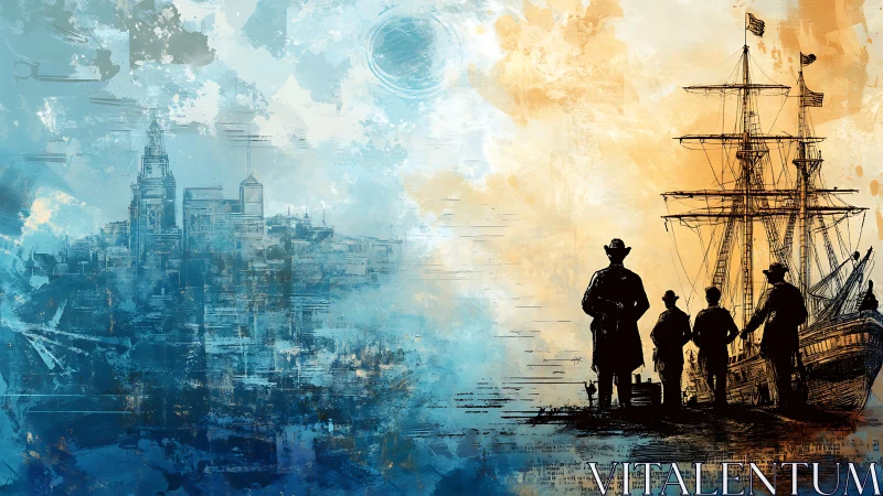 Harbor silhouettes beside abstract coastal cityscape in duotone