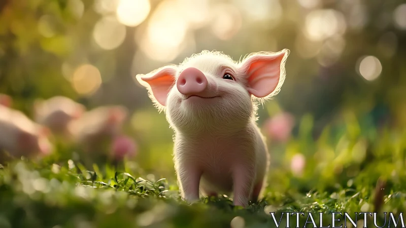 Smiling piglet stands in sunlit meadow with soft bokeh light