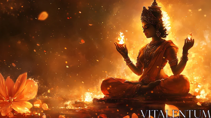 Fiery goddess figure meditating amid glowing orange flames.