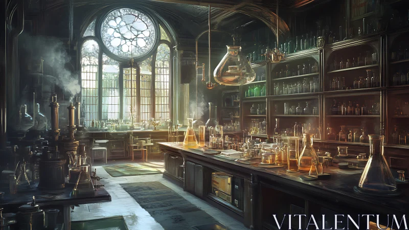Gothic laboratory interior glows with alchemical glassware