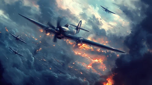 WWII Fighter Squadron Engaged in Aerial Combat Amid Flames