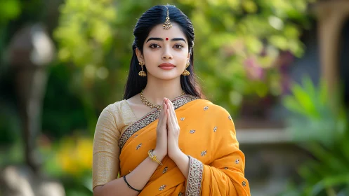 Young Indian woman in yellow saree posing traditionally outdoors.