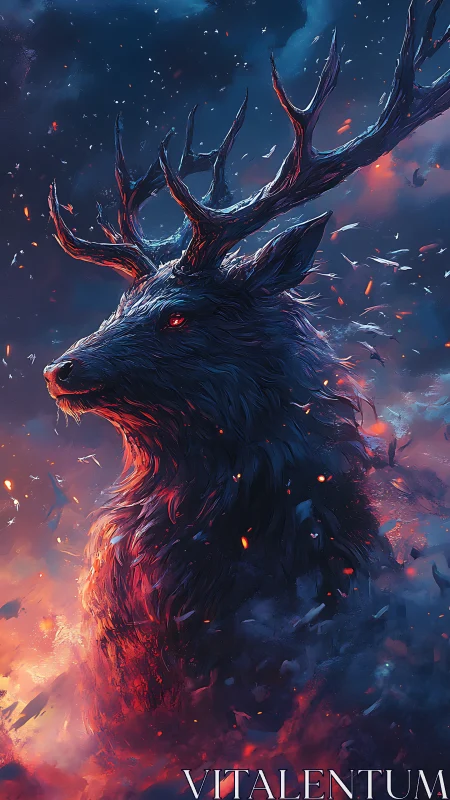 Mythic stag rises through embers in stormlit twilight