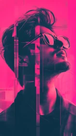 Neon portrait of man in glitching pink cyber aesthetic.