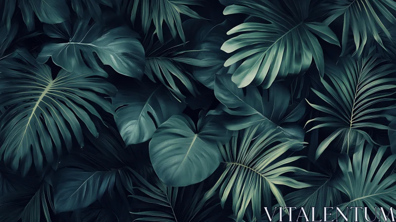 Midnight jungle leaves murmuring in deep teal hush.