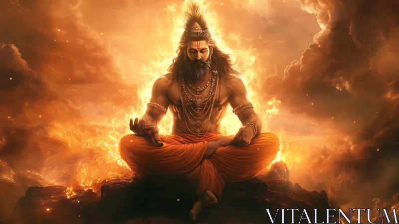 Digital painting of fiery meditative sage in radiant chiaroscuro.