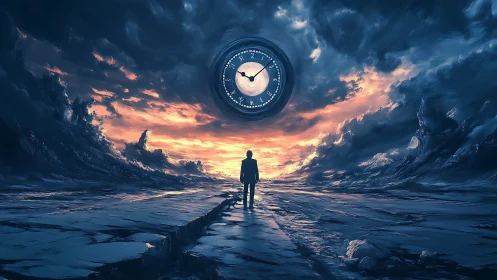 Solitary figure beneath cosmic clock in stormlit horizon dreamscape.