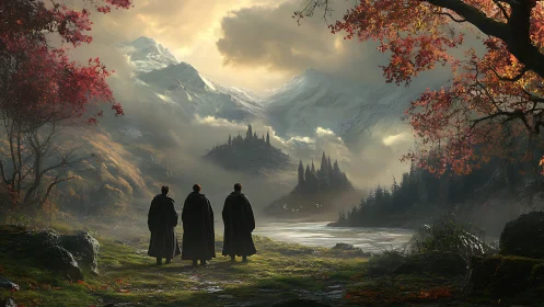 Cloaked travelers observe a distant castle amid alpine mist