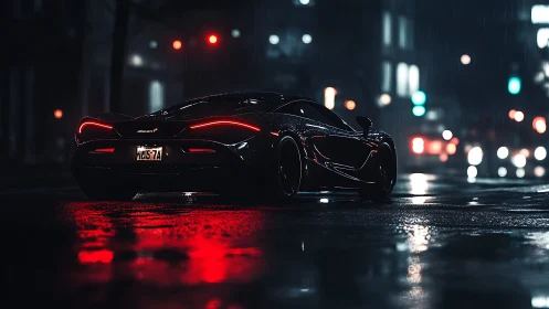 Black sports car stands in wet city street at night
