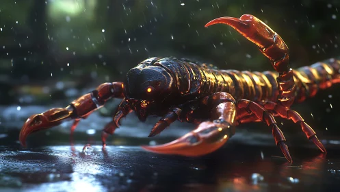 Armored cybernetic scorpion-centipede stalks through rain.