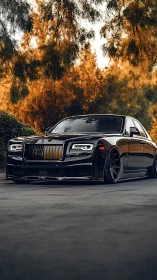 Black luxury sedan under golden foliage with low-angle view.