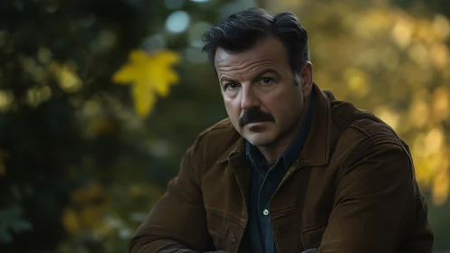 Thoughtful man in autumn jacket beneath soft forest glow.
