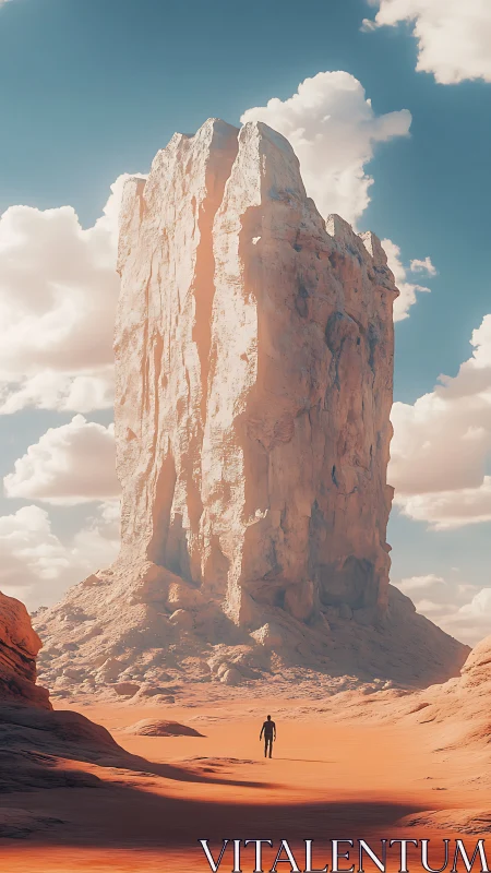Solitary human walks toward massive desert rock monolith