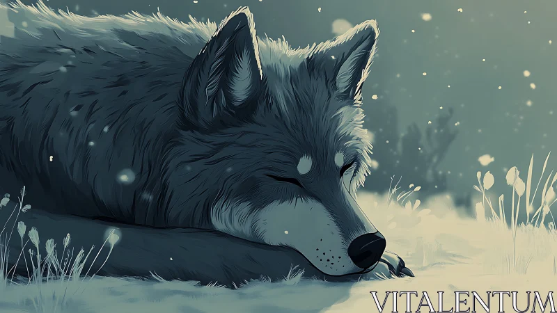Sleeping winter wolf illustration in soft teal monochrome tones.