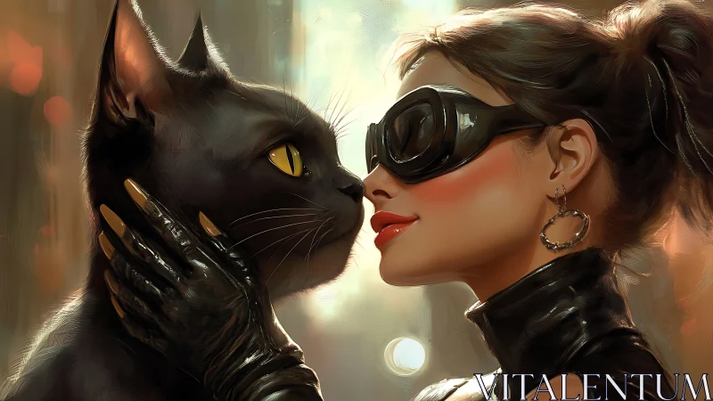 Cyberpunk Portrait: Woman with Black Cat in Digital Illustration.