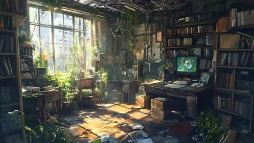 Sunlit overgrown studio merges dense library with wild garden