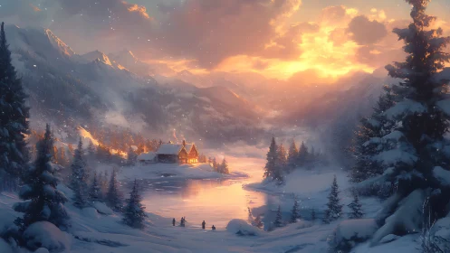 Snowy mountain valley cabin under soft sunset glow.