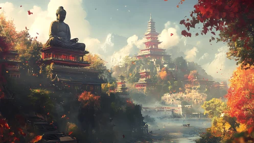 Buddha statue above autumnal riverside temple valley.