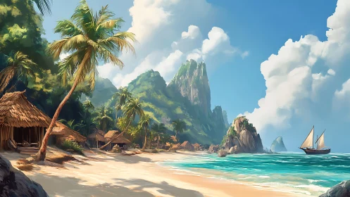 Tropical Island Coastal Landscape with Volcanic Peaks and Sailing Vessel