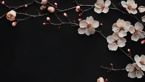 Cherry blossoms arranged on dark background with visible buds