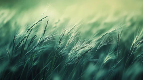 Soft focus green wheat field under diffused sunrise light.