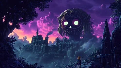 Lone adventurer meets glowing skull moon above lost city.