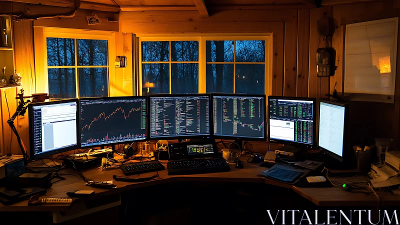 Multi-monitor trading workstation glows against twilight windows