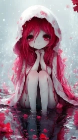 Red haired anime girl in reflective water with petal accents