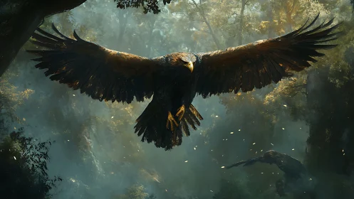 Majestic eagle soaring in mystical forest, digital fantasy art.