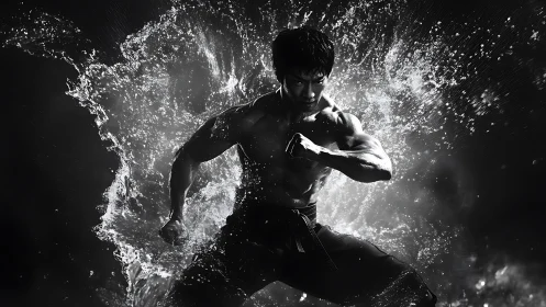 Martial artist striking through explosive water burst.