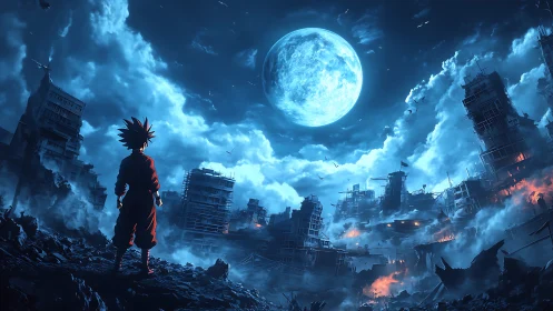 Backlit anime warrior surveys moonlit post apocalyptic cityscape