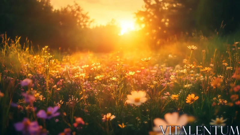 Wildflower meadow glows under radiant golden sunset light.