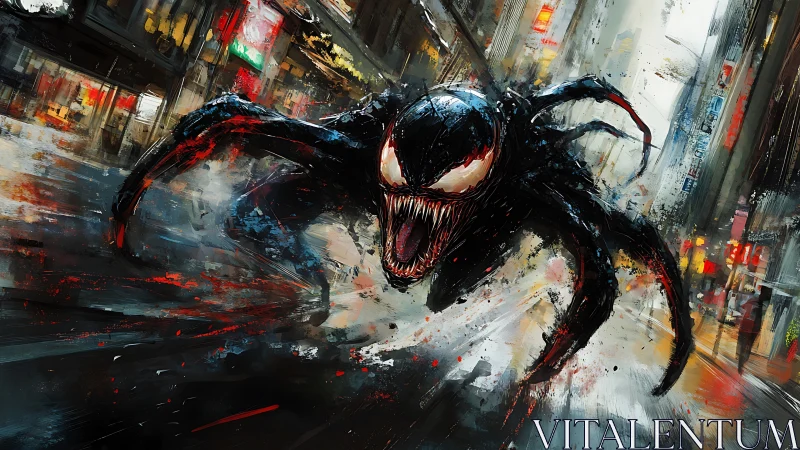 Black monster charges through neon city street in motion