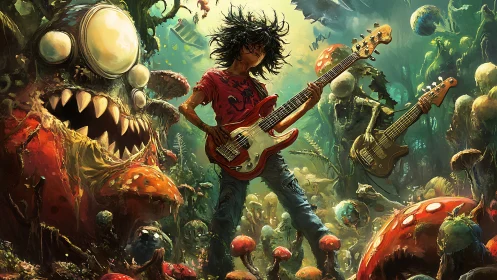 Rock bassist stands in surreal alien mushroom jungle.